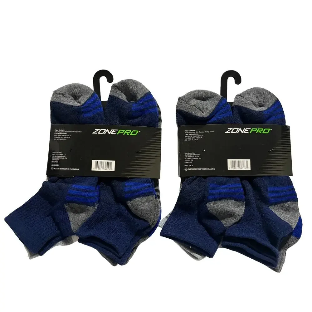 Zone Pro Men’s Half Cushion Ankle Socks 4 Pair Pack Size 6-12 Gray Blue Athletic
